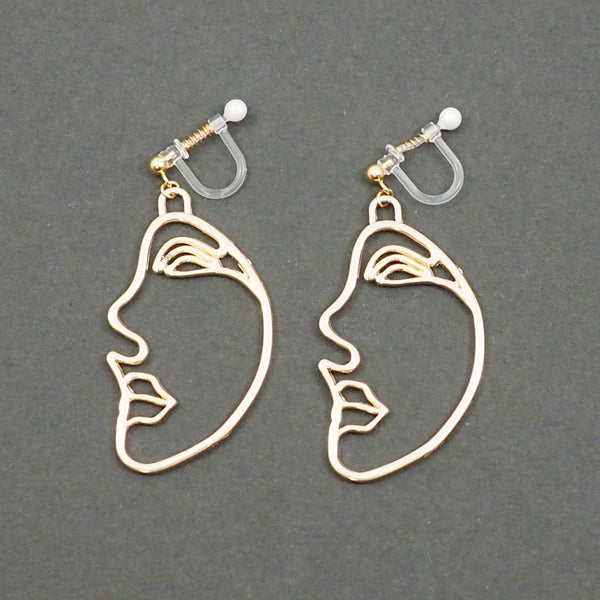 Gold Picasso Face Side Invisible Clip On Earrings - Miyabi Grace