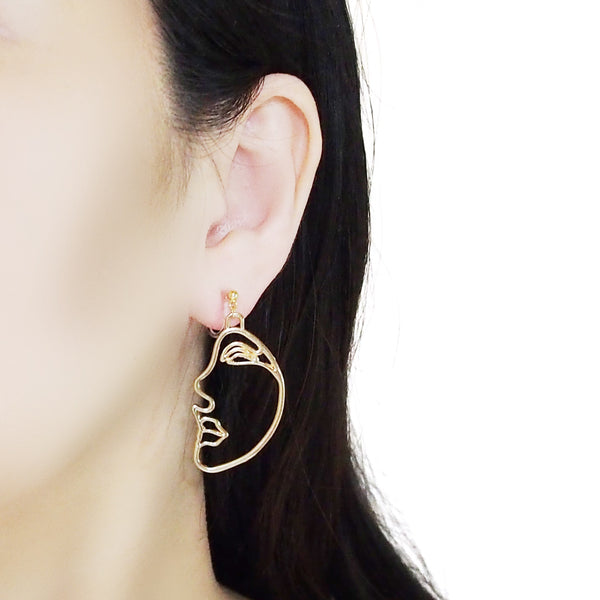 Gold Picasso Face Side Invisible Clip On Earrings - Miyabi Grace