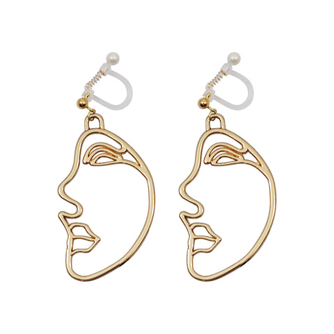 Gold Picasso Face Side Invisible Clip On Earrings - Miyabi Grace
