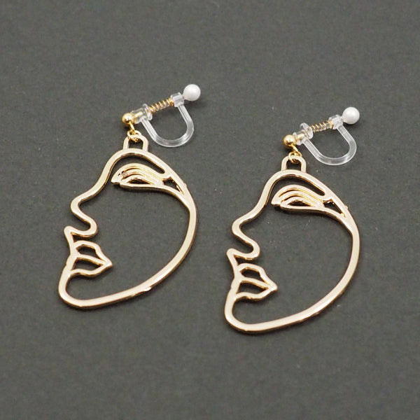 Gold Picasso Face Side Invisible Clip On Earrings - Miyabi Grace