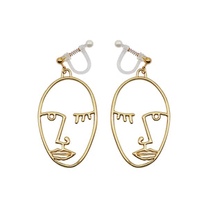 Gold Picasso Face Wink Invisible Clip On Earrings - Miyabi Grace