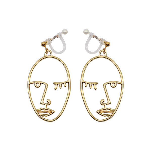 Gold Picasso Face Wink Invisible Clip On Earrings - Miyabi Grace