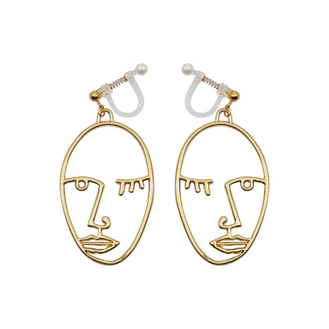 Gold Picasso Face Wink Invisible Clip On Earrings - Miyabi Grace