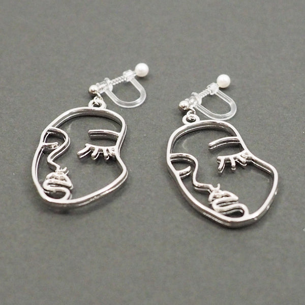 Silver Picasso Face Closed Eyes Invisible Clip On Earrings - Miyabi Grace