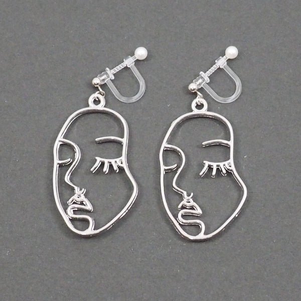 Silver Picasso Face Closed Eyes Invisible Clip On Earrings - Miyabi Grace