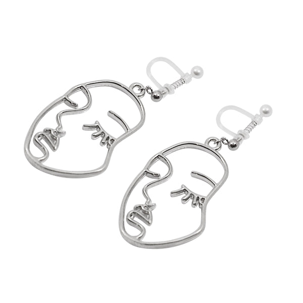 Silver Picasso Face Closed Eyes Invisible Clip On Earrings - Miyabi Grace