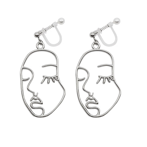 Silver Picasso Face Closed Eyes Invisible Clip On Earrings - Miyabi Grace
