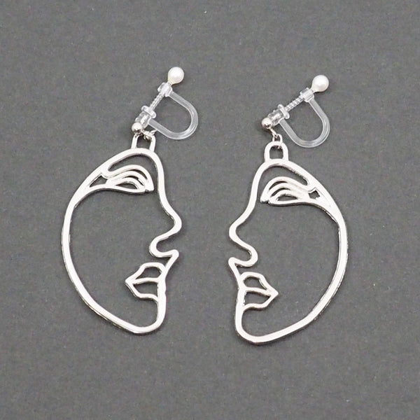 Silver Picasso Face Side Invisible Clip On Earrings - Miyabi Grace