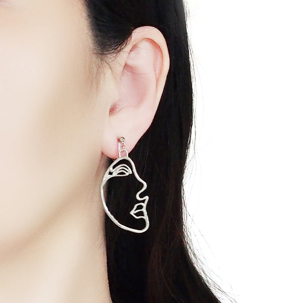 Silver Picasso Face Side Invisible Clip On Earrings - Miyabi Grace