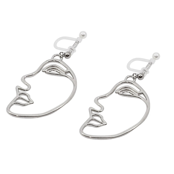 Silver Picasso Face Side Invisible Clip On Earrings - Miyabi Grace