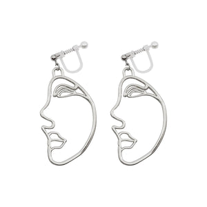 Silver Picasso Face Side Invisible Clip On Earrings - Miyabi Grace