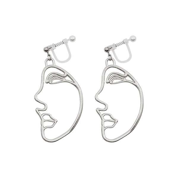 Silver Picasso Face Side Invisible Clip On Earrings - Miyabi Grace