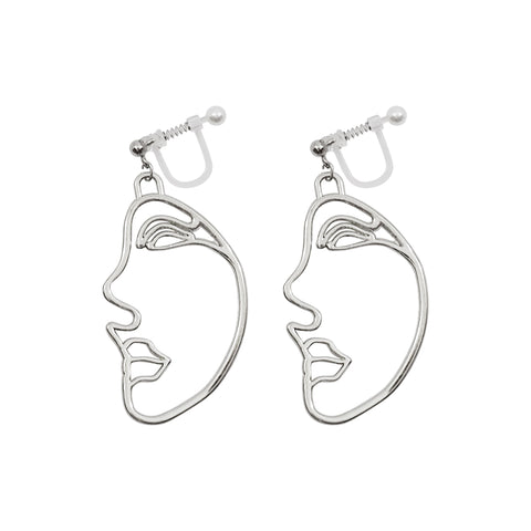 Silver Picasso Face Side Invisible Clip On Earrings - Miyabi Grace
