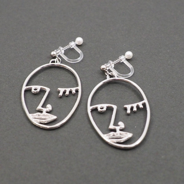 Silver Picasso Face Wink Invisible Clip On Earrings - Miyabi Grace