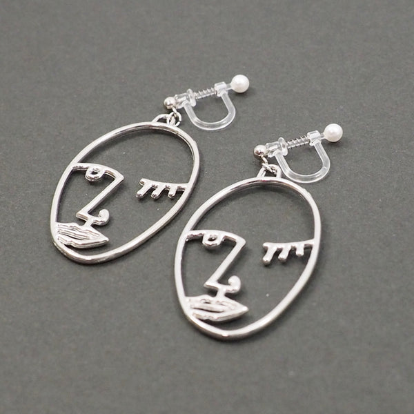 Silver Picasso Face Wink Invisible Clip On Earrings - Miyabi Grace