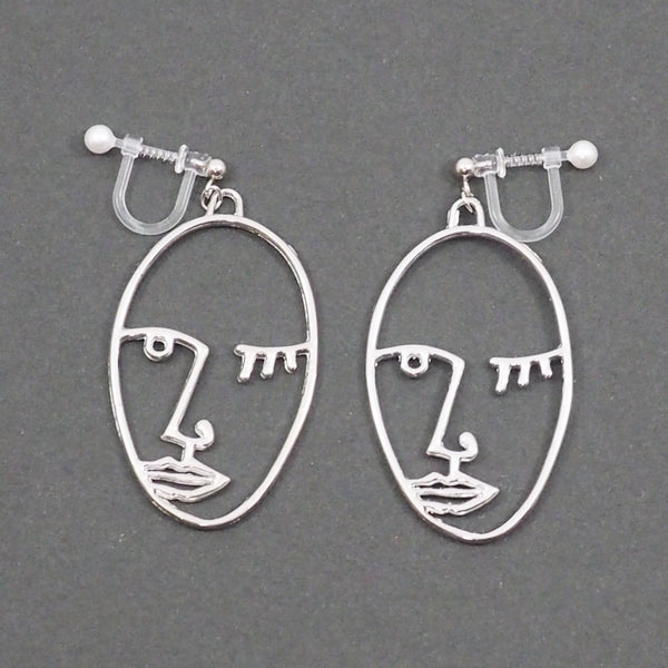 Silver Picasso Face Wink Invisible Clip On Earrings - Miyabi Grace