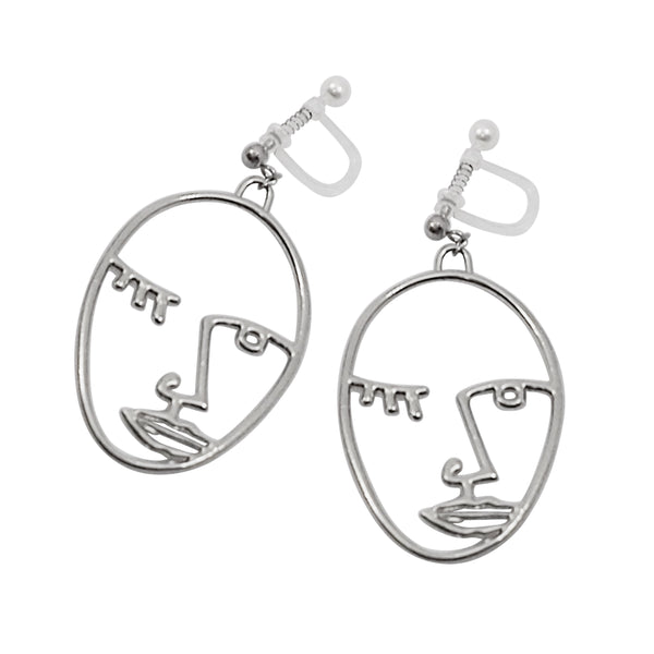 Silver Picasso Face Wink Invisible Clip On Earrings - Miyabi Grace