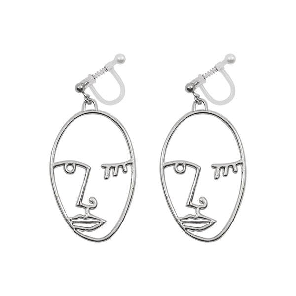 Silver Picasso Face Wink Invisible Clip On Earrings - Miyabi Grace