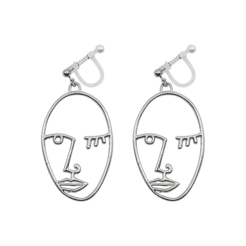 Silver Picasso Face Wink Invisible Clip On Earrings - Miyabi Grace