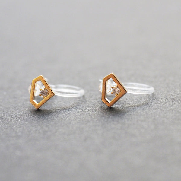 Cubic Zirconia Crystal Diamond Invisible Clip On Stud Earrings ( Gold tone ) - Miyabi Grace