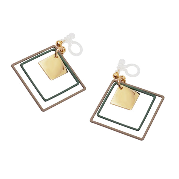 Green and Beige Square Hoop Invisible Clip On Earrings - Miyabi Grace