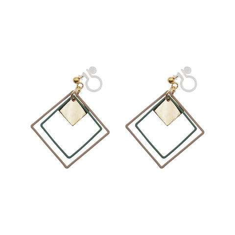 Green and Beige Square Hoop Invisible Clip On Earrings - Miyabi Grace