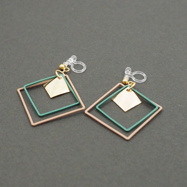 Green and Beige Square Hoop Invisible Clip On Earrings - Miyabi Grace