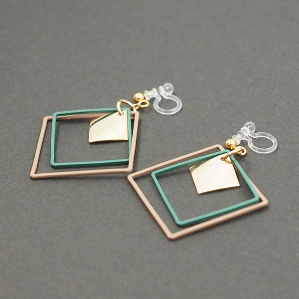 Green and Beige Square Hoop Invisible Clip On Earrings - Miyabi Grace