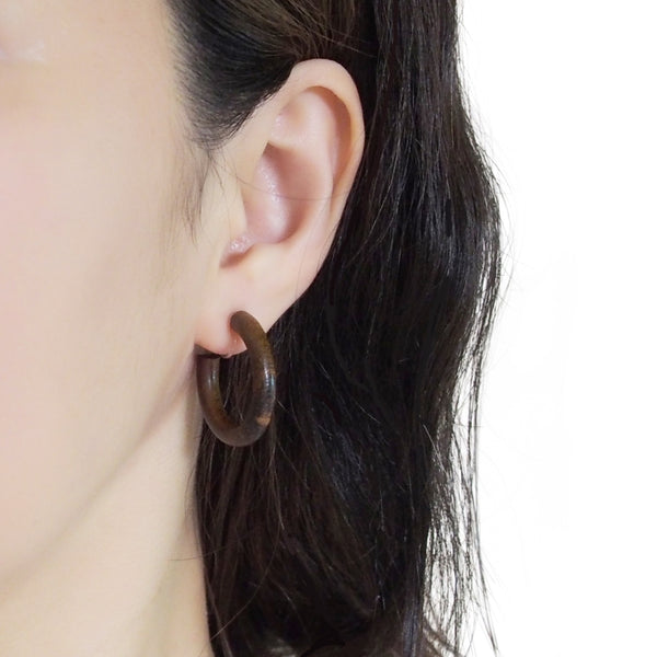 Brown Wood Invisible Clip On Hoop Earrings - Miyabi Grace