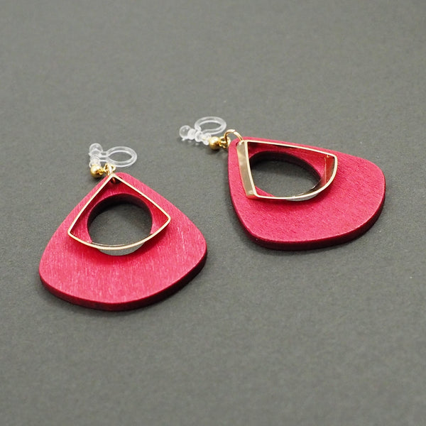 Red Wood Hoop Invisible Clip On Earrings - Miyabi Grace