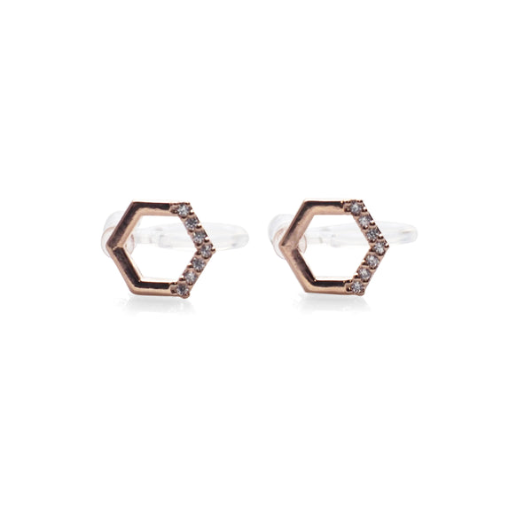 Cubic Zirconia Crystal Pave Hexagon Invisible Clip On Stud Earrings ( Rose gold tone ) - Miyabi Grace