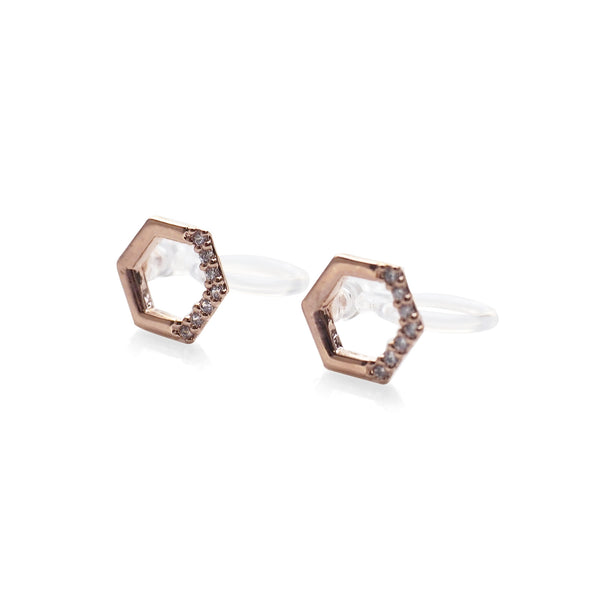 Cubic Zirconia Crystal Pave Hexagon Invisible Clip On Stud Earrings ( Rose gold tone ) - Miyabi Grace