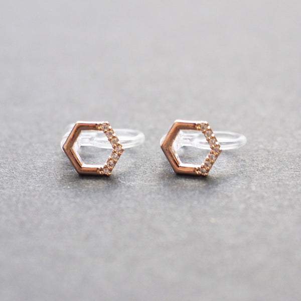 Cubic Zirconia Crystal Pave Hexagon Invisible Clip On Stud Earrings ( Rose gold tone ) - Miyabi Grace