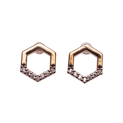 Cubic Zirconia Crystal Pave Hexagon Invisible Clip On Stud Earrings ( Rose gold tone ) - Miyabi Grace