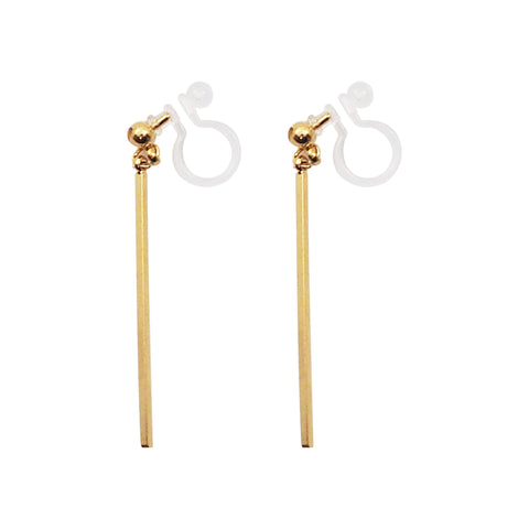 Gold Long Bar Invisible Clip On Earrings - Miyabi Grace