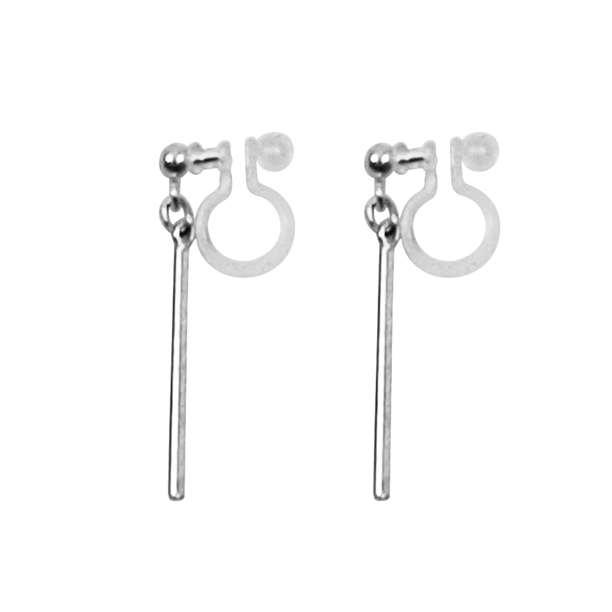 Silver Short Bar Invisible Clip On Earrings - Miyabi Grace