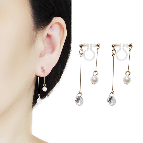 Dangle Gold Double Sided Cubic Zirconia & Pearl Invisible Clip On Earrings