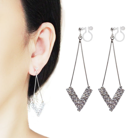 Dangle Silver Arrow Shaped Rihnestone Crystal Invisible Clip On Earrings