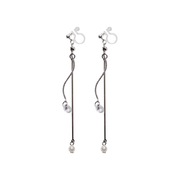 Dangle Silver Cubic Zirconia & Pearl Invisible Clip On Earrings