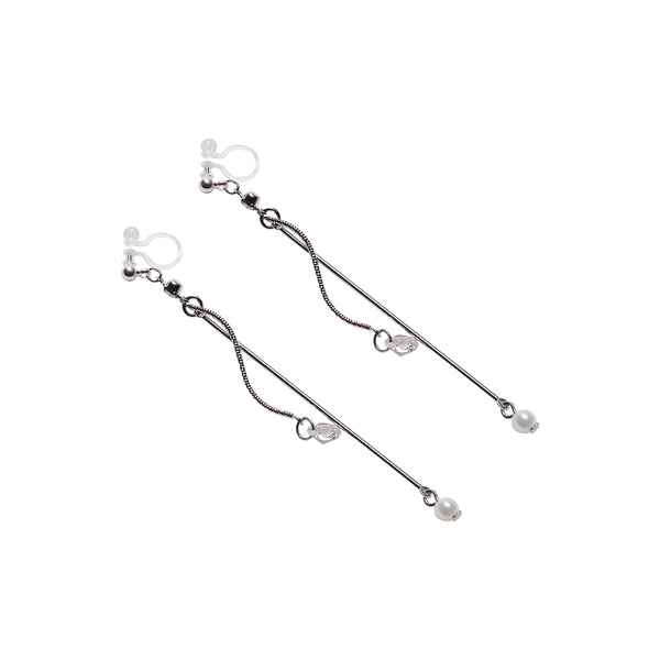 Dangle Silver Cubic Zirconia & Pearl Invisible Clip On Earrings