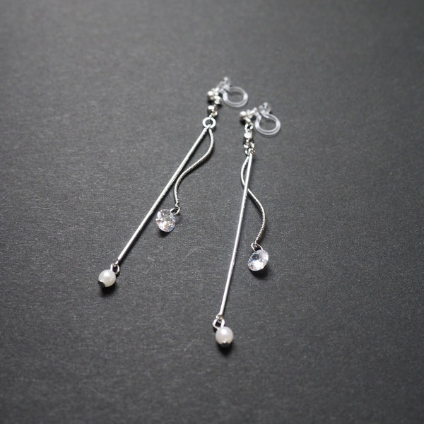 Dangle Silver Cubic Zirconia & Pearl Invisible Clip On Earrings