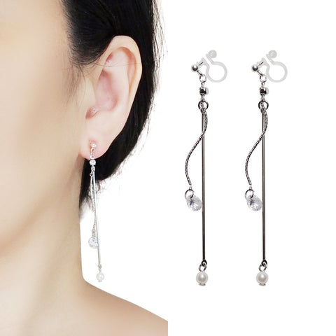 Dangle Silver Cubic Zirconia & Pearl Invisible Clip On Earrings