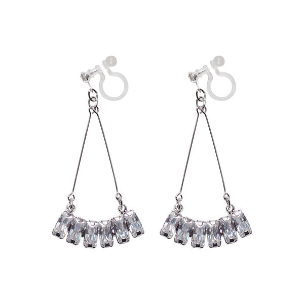 Dangle Silver Fringe Rihnestone Crystal Invisible Clip On Earrings - Miyabi Grace