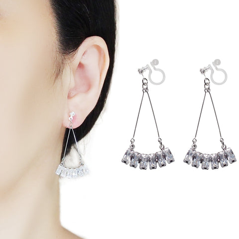Dangle Silver Fringe Rihnestone Crystal Invisible Clip On Earrings - Miyabi Grace