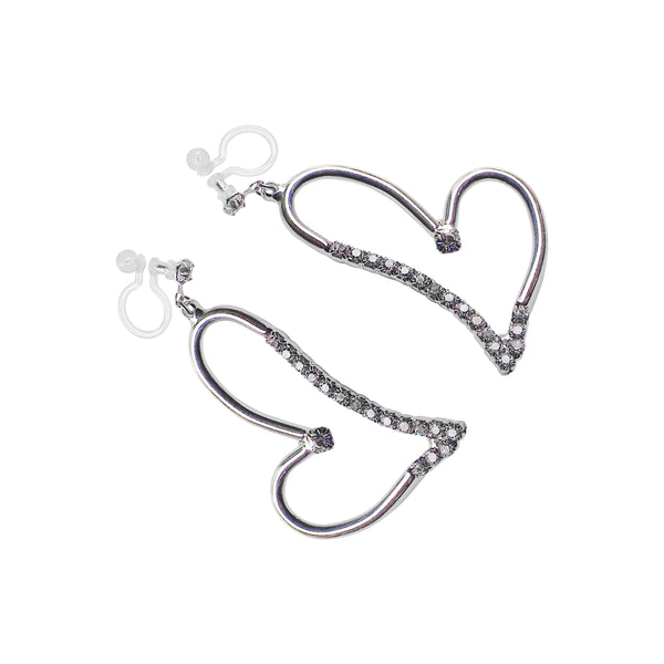 Dangle Silver Heart Rihnestone Crystal Invisible Clip On Earrings - Miyabi Grace