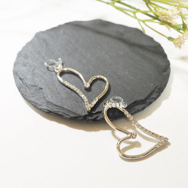 Dangle Silver Heart Rihnestone Crystal Invisible Clip On Earrings - Miyabi Grace