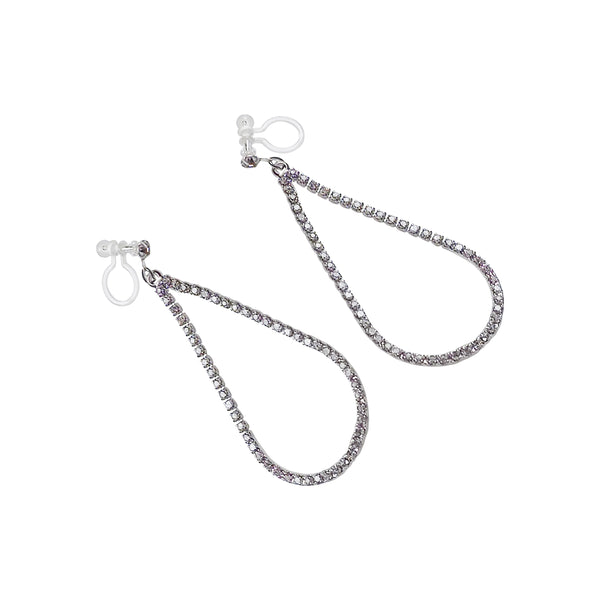 Dangle Silver Teardrop Rihnestone Crystal Invisible Clip On Earrings - Miyabi Grace