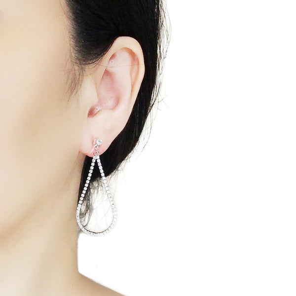 Dangle Silver Teardrop Rihnestone Crystal Invisible Clip On Earrings - Miyabi Grace