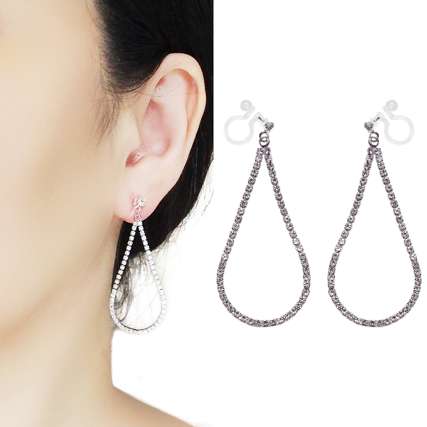 Dangle Silver Teardrop Rihnestone Crystal Invisible Clip On Earrings - Miyabi Grace