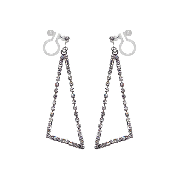 Dangle Silver Triangle Rhinestone Crystal Invisible Clip On Earrings